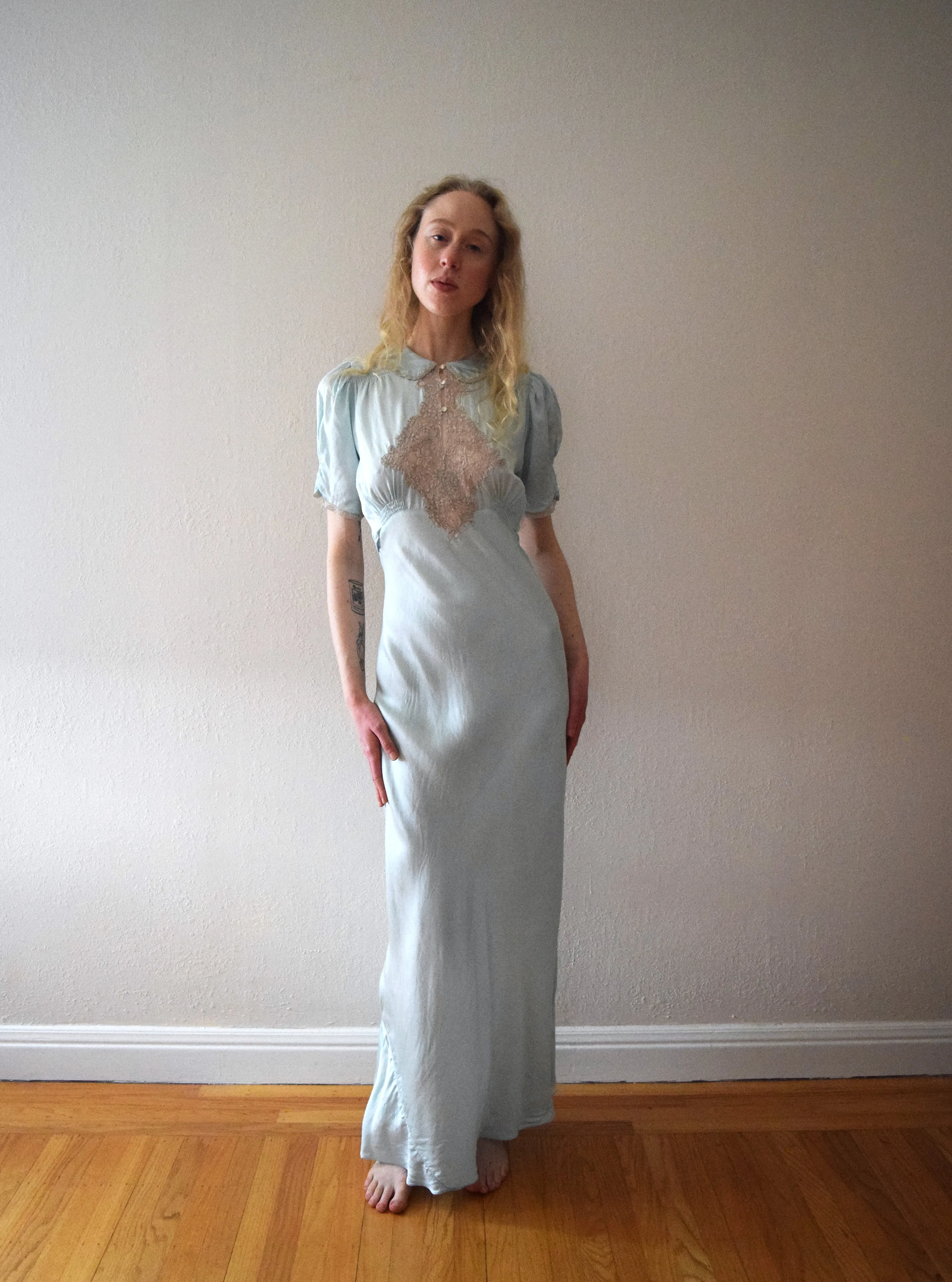 1930s 1940s aqua silk satin gown . vintage slip dress . size xs to small