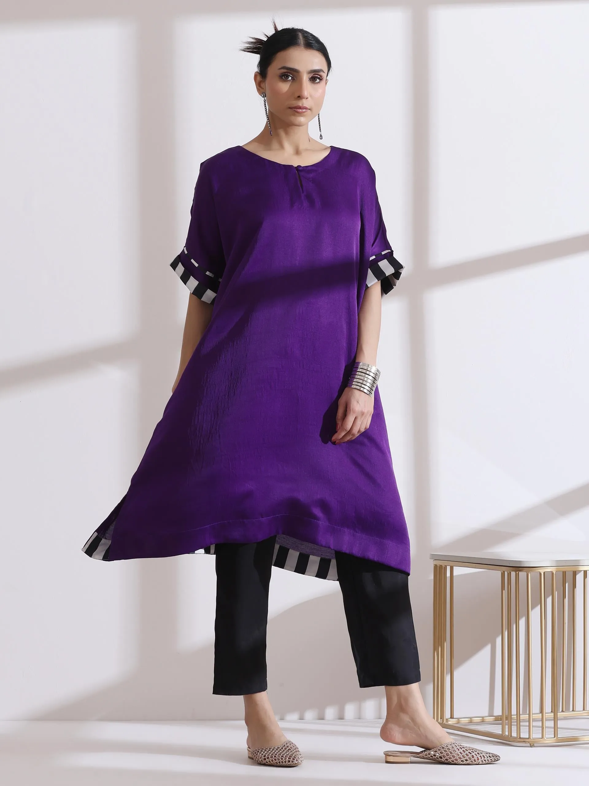 2 Pc Set - Prf'T Lux Easy Purple Kurta With Chevron Inner Details With Pants