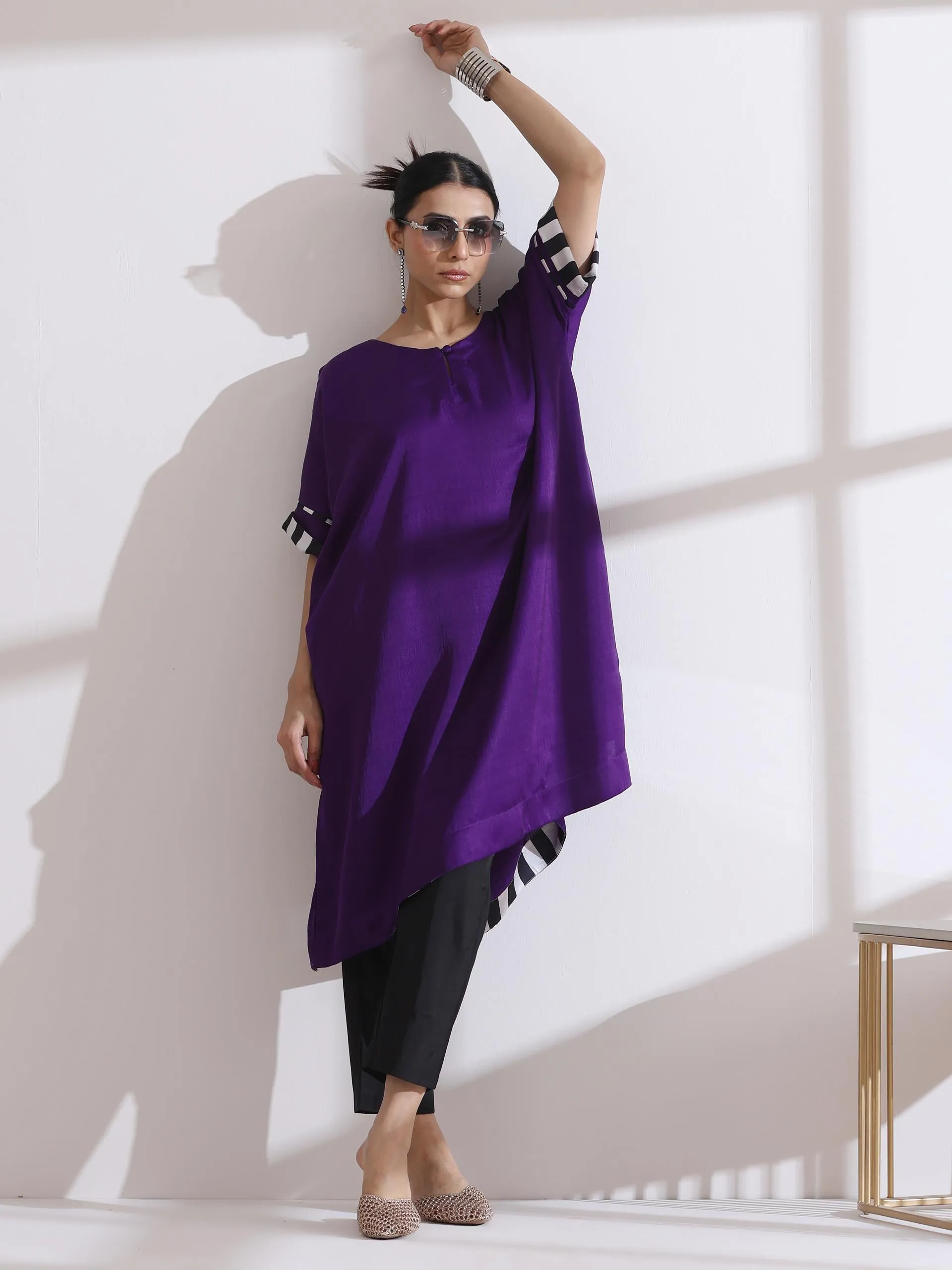 2 Pc Set - Prf'T Lux Easy Purple Kurta With Chevron Inner Details With Pants