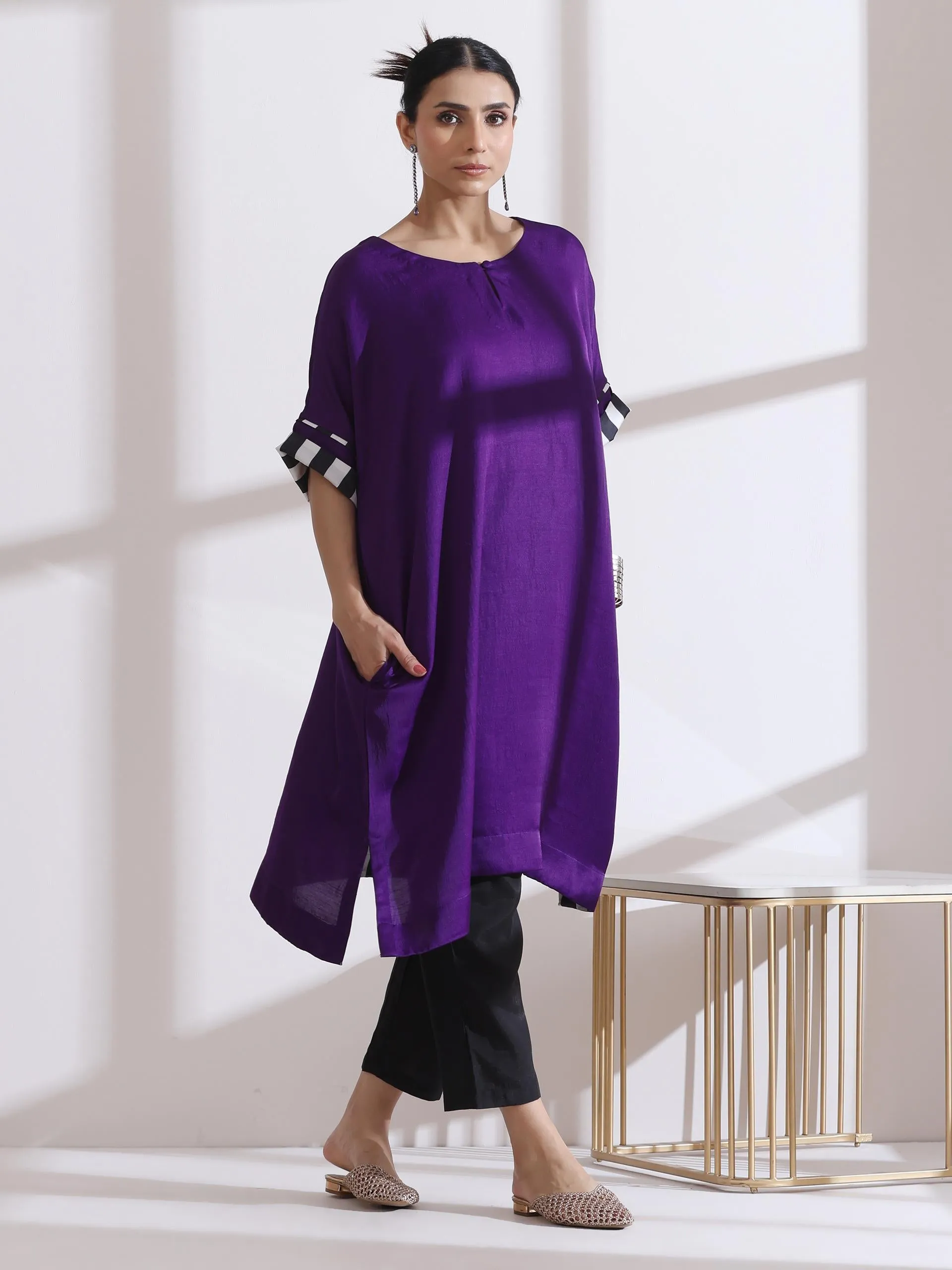 2 Pc Set - Prf'T Lux Easy Purple Kurta With Chevron Inner Details With Pants
