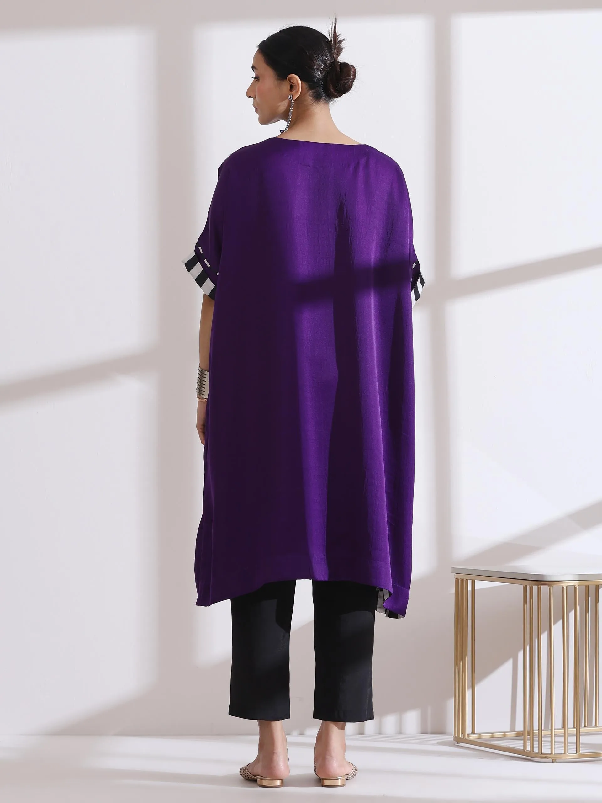 2 Pc Set - Prf'T Lux Easy Purple Kurta With Chevron Inner Details With Pants