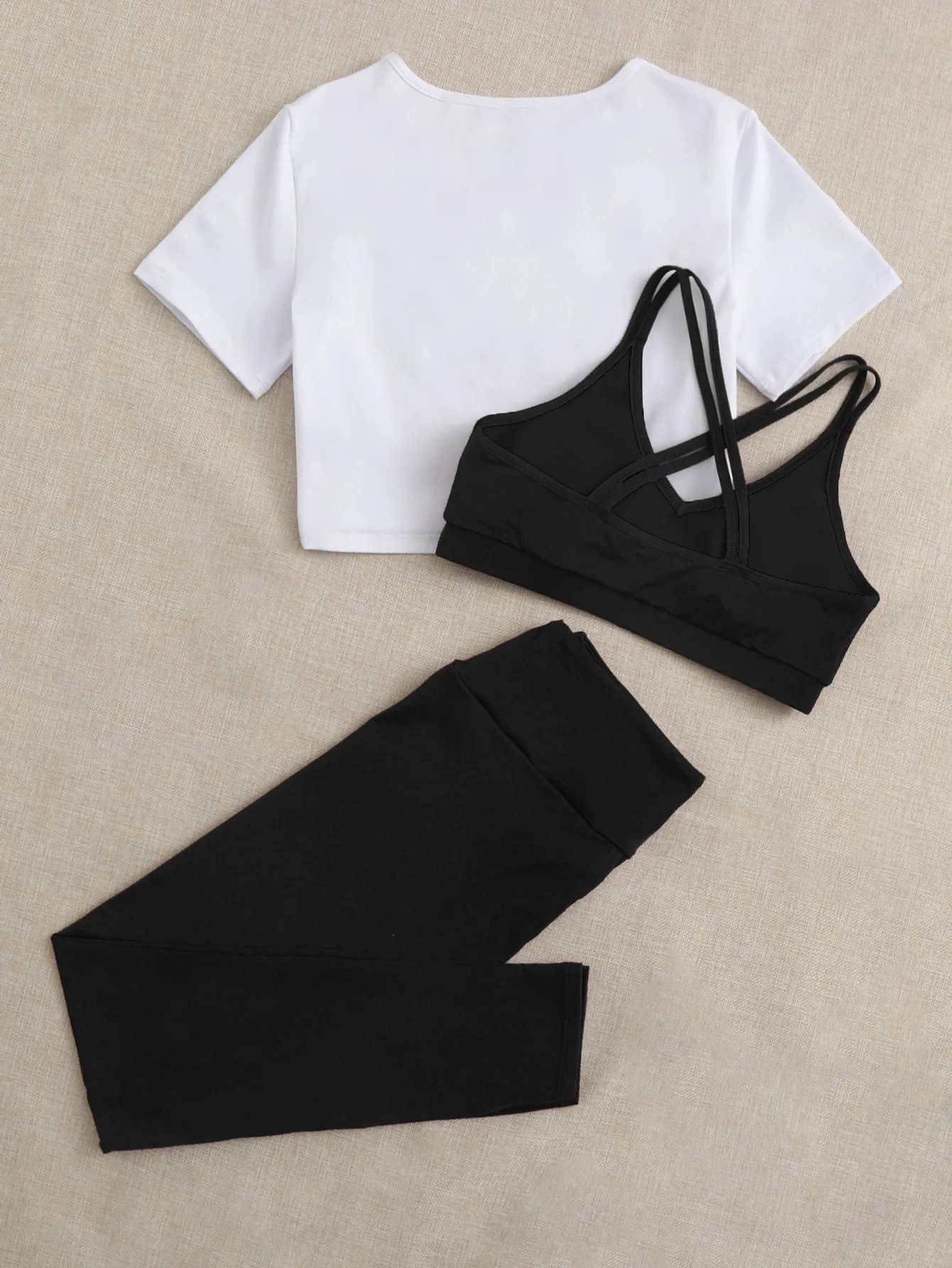 3pcs Splatter Paint Print Yoga Set Gym Wear Crop Tee & Crisscross Sports Bra & Leggings