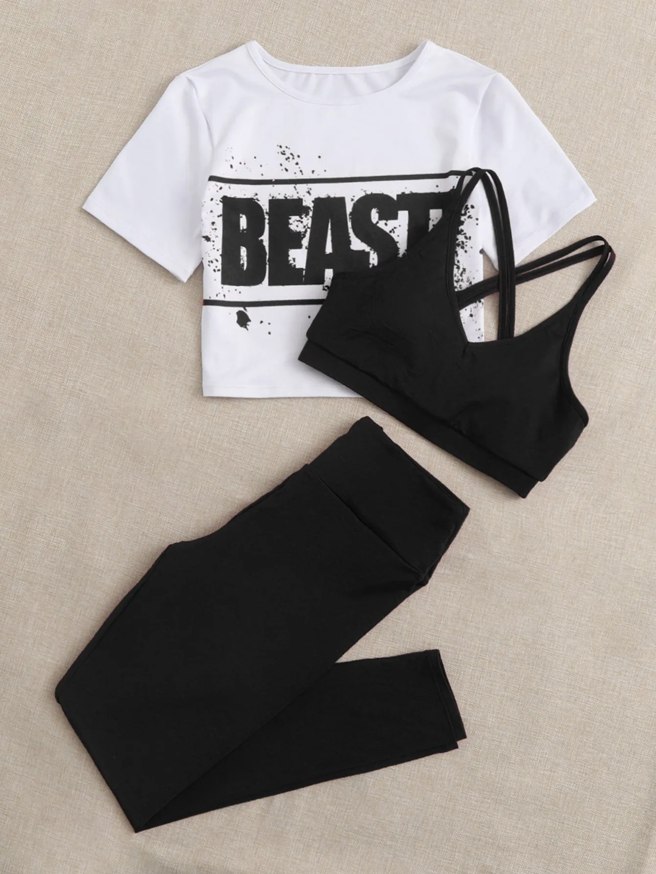 3pcs Splatter Paint Print Yoga Set Gym Wear Crop Tee & Crisscross Sports Bra & Leggings