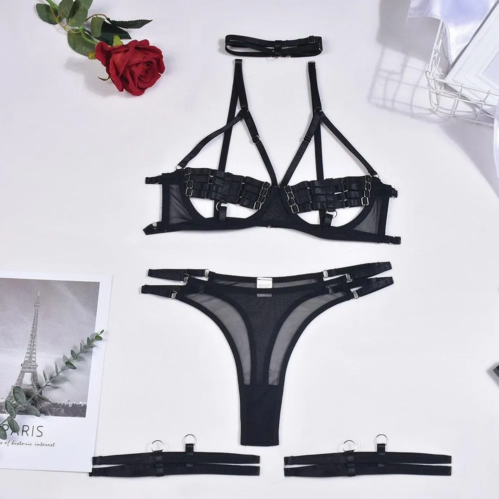 5-Piece Sexy Hollow Underwear Sensual Open Bra Outfit