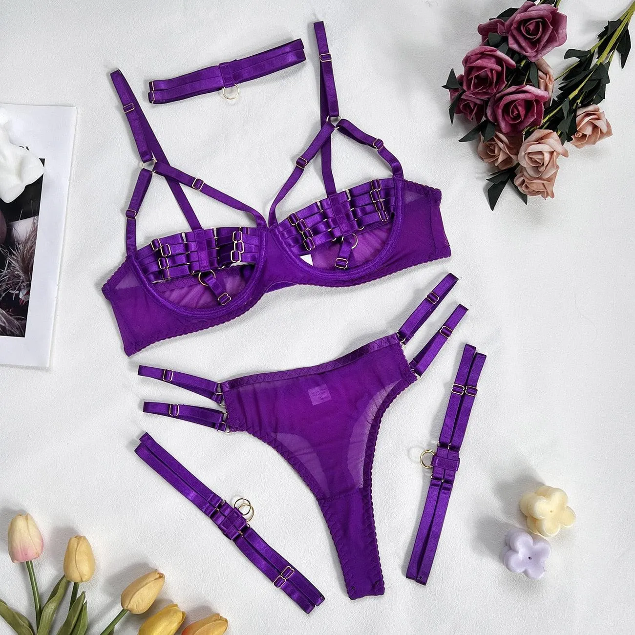 5-Piece Sexy Hollow Underwear Sensual Open Bra Outfit