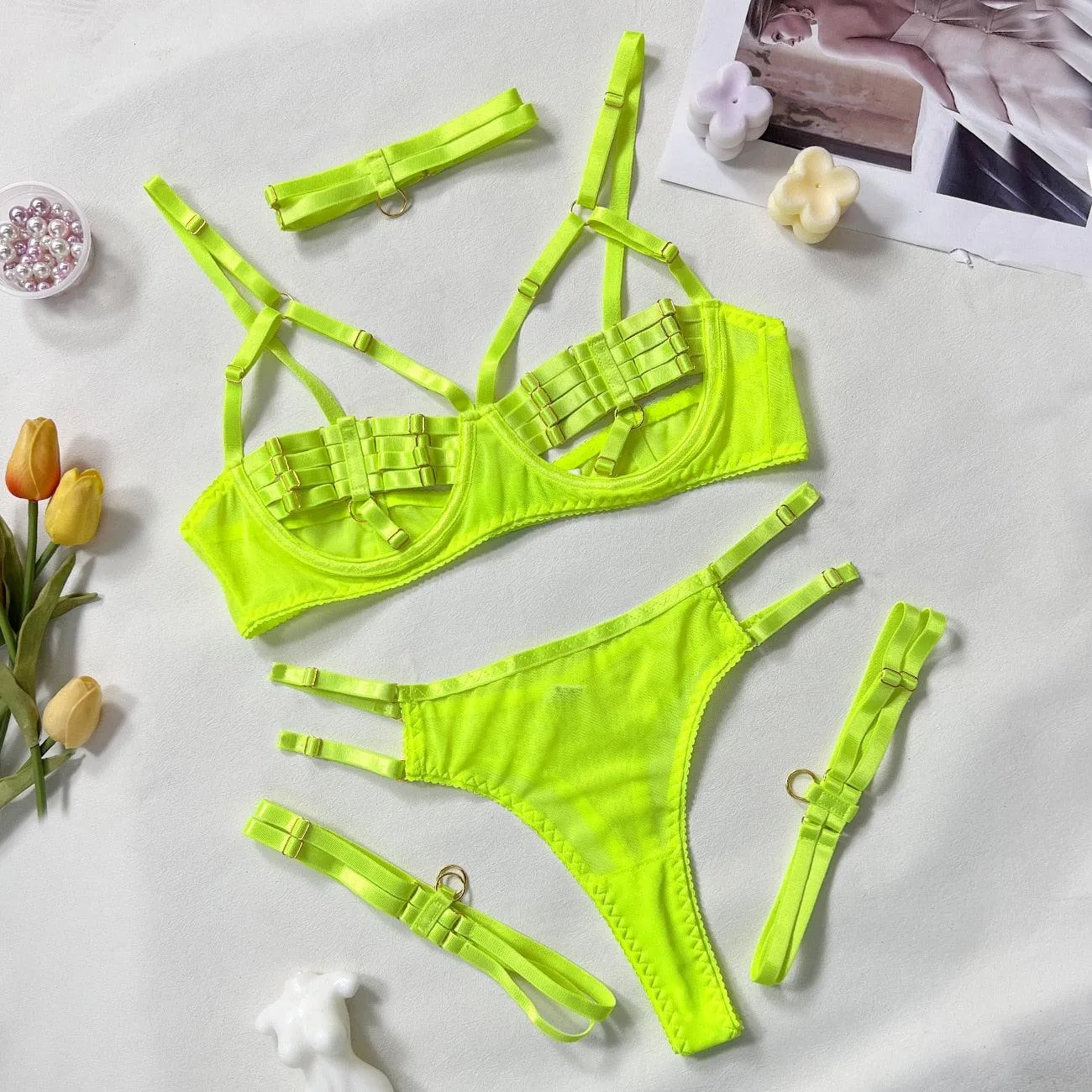 5-Piece Sexy Hollow Underwear Sensual Open Bra Outfit