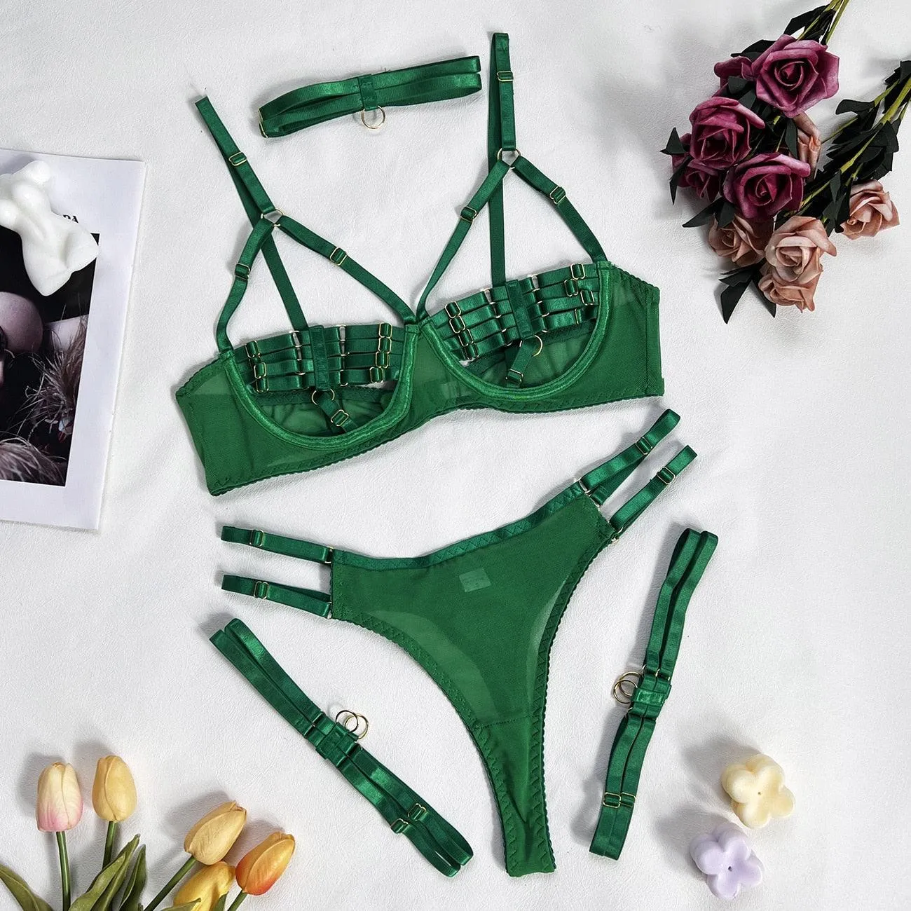 5-Piece Sexy Hollow Underwear Sensual Open Bra Outfit