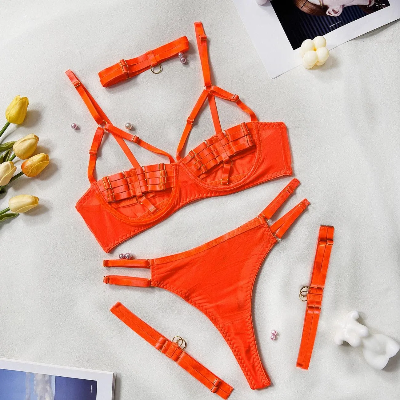 5-Piece Sexy Hollow Underwear Sensual Open Bra Outfit