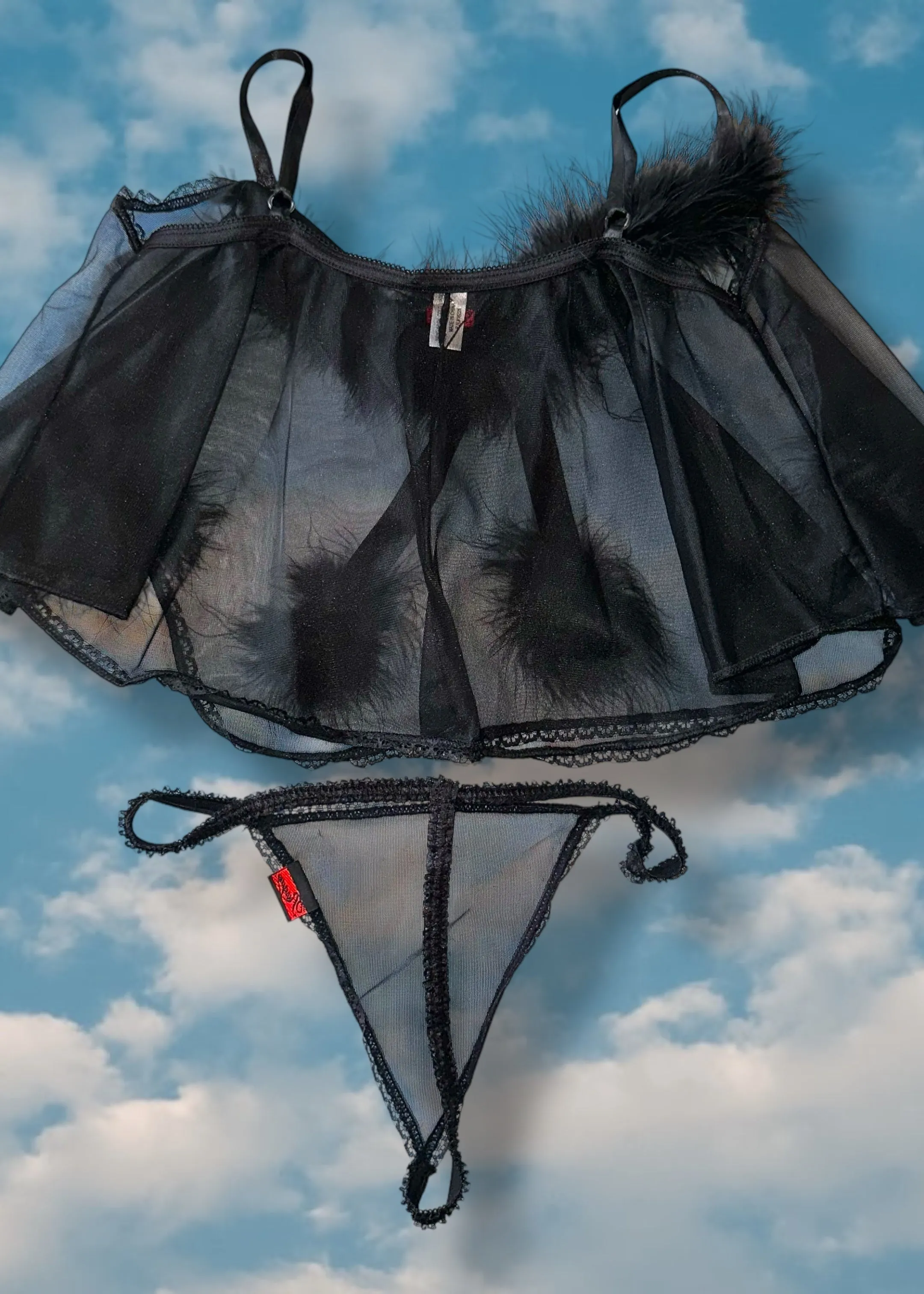 90s Black Sheer Boa-Trim Babydoll Cami Top, Matching Sheer Thong Panty | Valentines Lingerie Set