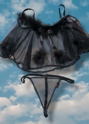 90s Black Sheer Boa-Trim Babydoll Cami Top, Matching Sheer Thong Panty | Valentines Lingerie Set