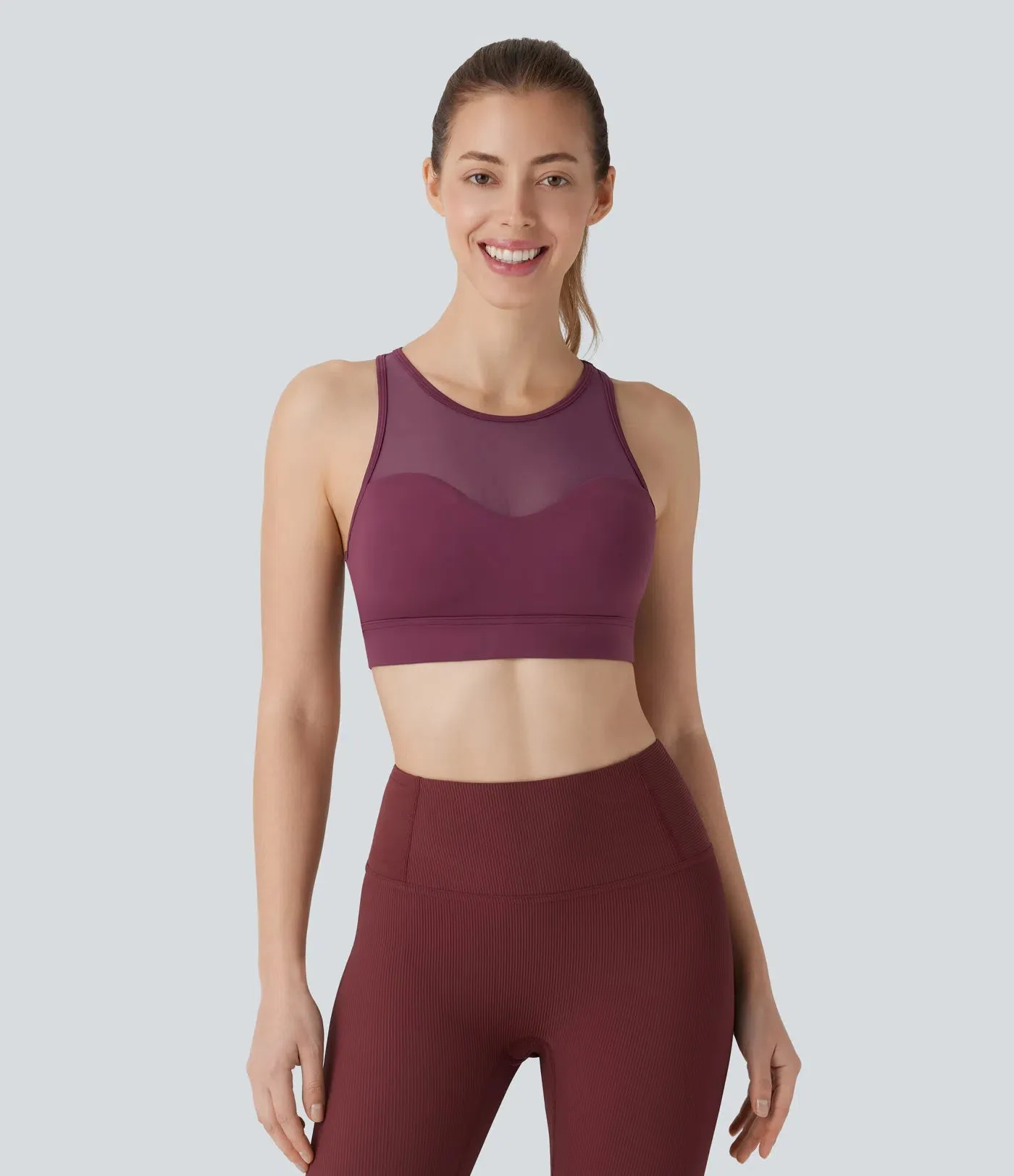 Airy Mid Support Racerback Sports Bra – Contrast Mesh & Cool Touch Fabric