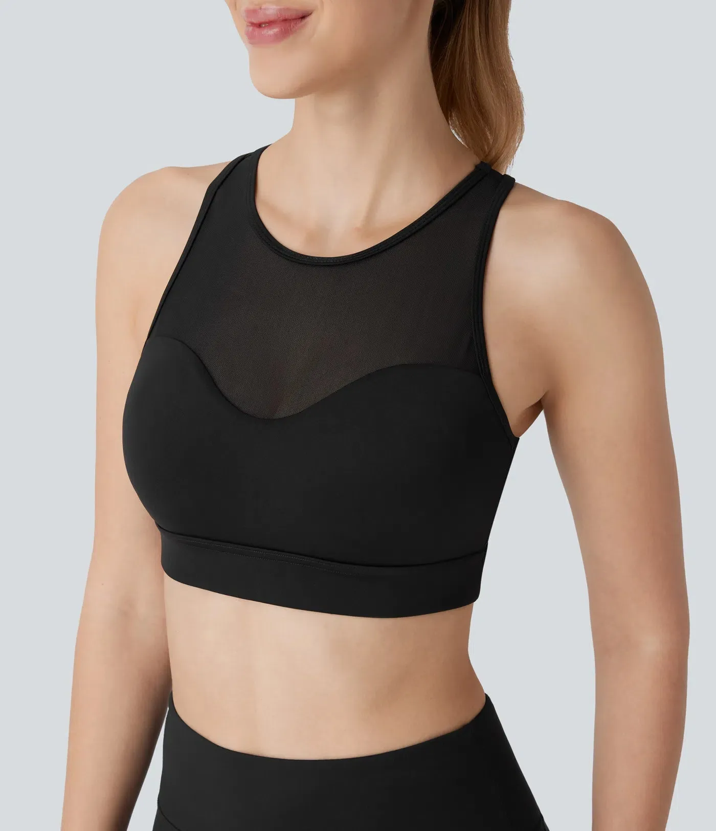 Airy Mid Support Racerback Sports Bra – Contrast Mesh & Cool Touch Fabric
