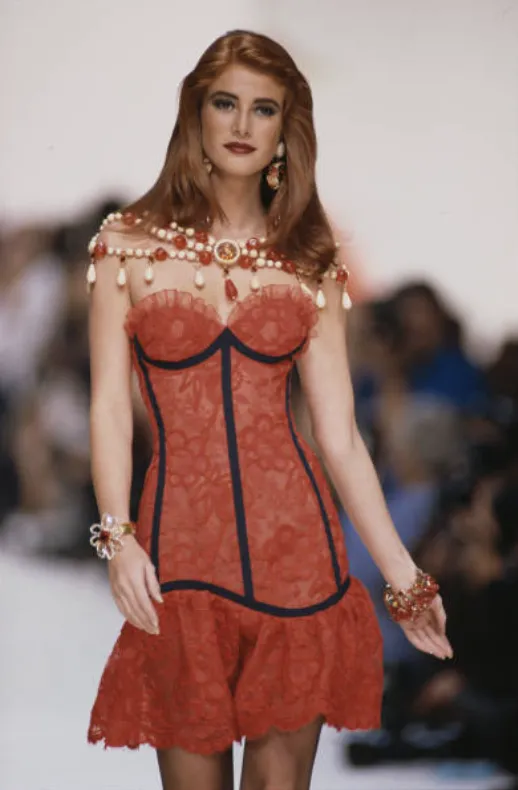 Amazing Spring 1992 Yves Saint Laurent Runway Red Lace Strapless Dress w Grosgrain Detailing