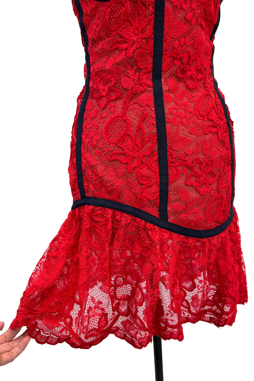 Amazing Spring 1992 Yves Saint Laurent Runway Red Lace Strapless Dress w Grosgrain Detailing