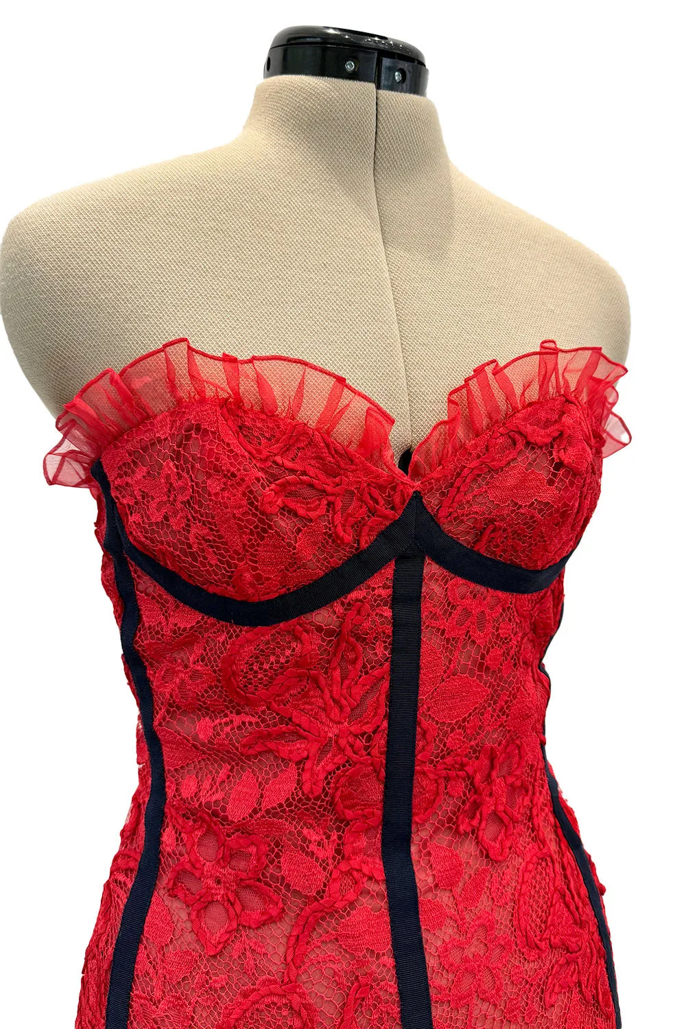 Amazing Spring 1992 Yves Saint Laurent Runway Red Lace Strapless Dress w Grosgrain Detailing