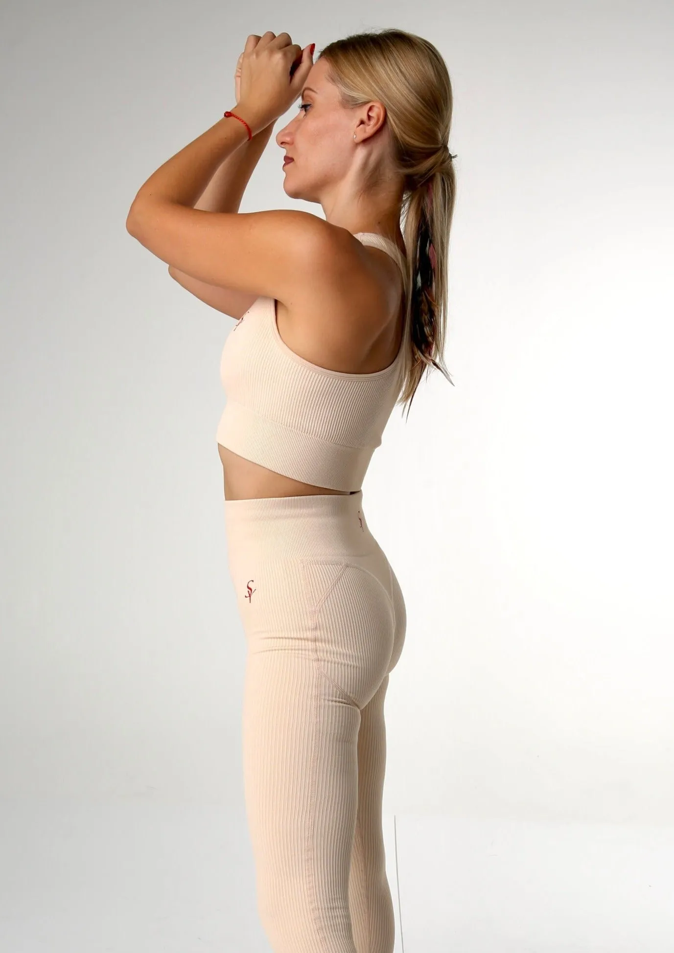 ''Aoma'' Beige - Solid Leggings and Sports Bra Set
