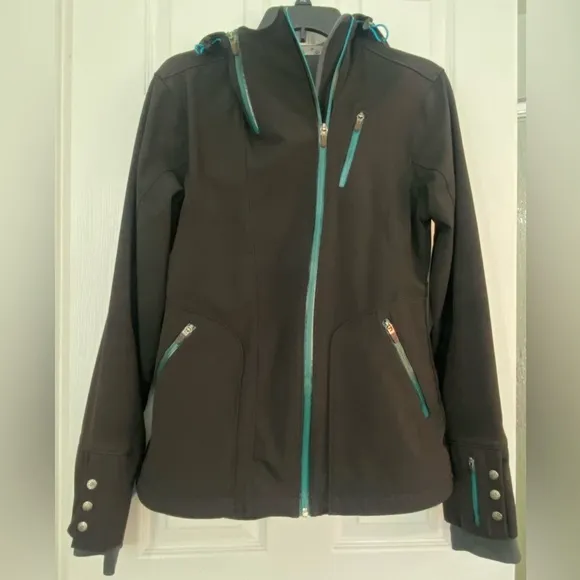 Athleta Hooded Wind &amp; Rain Jacket, Black &amp; Teal Activewear, Outdoors, Hike Beach