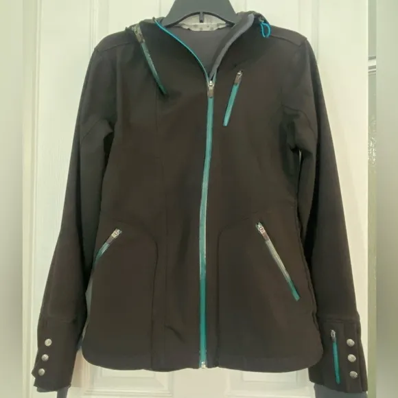 Athleta Hooded Wind &amp; Rain Jacket, Black &amp; Teal Activewear, Outdoors, Hike Beach