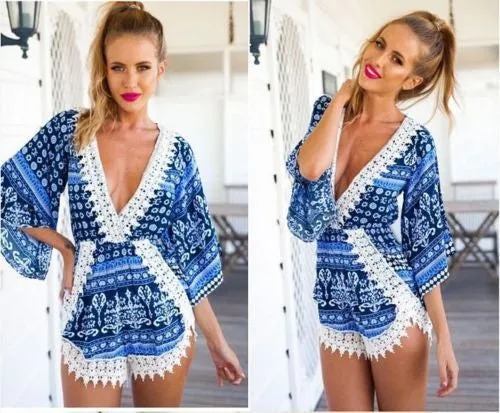 Beach Wear Fashion Lace Floral Shorts Jumpsuits Playsuit irregular crochet Sexy elegant V neck Rompers Womens female Overalls