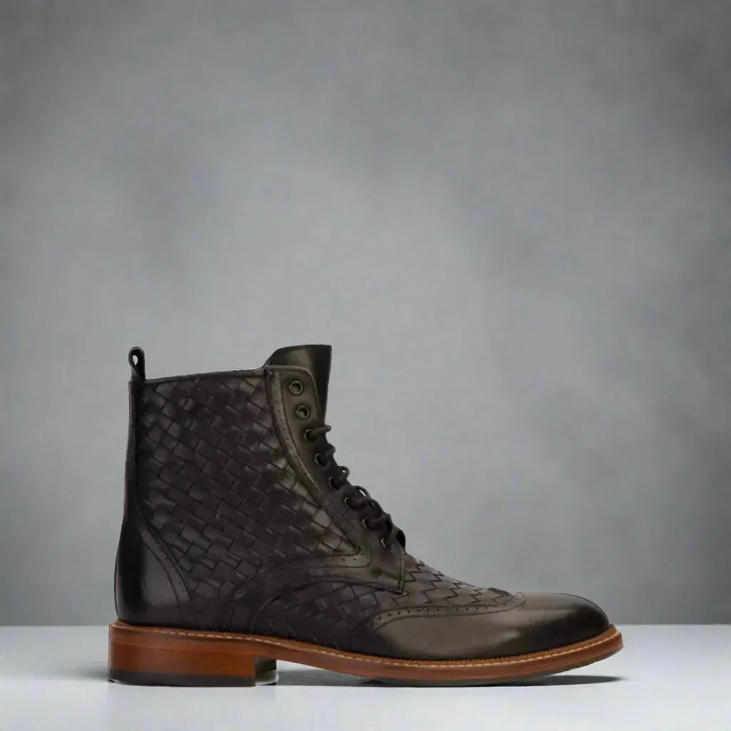 Black Leather Braided Barletta Lace Up Brogue Wingtip Oxford Boots - Boots
