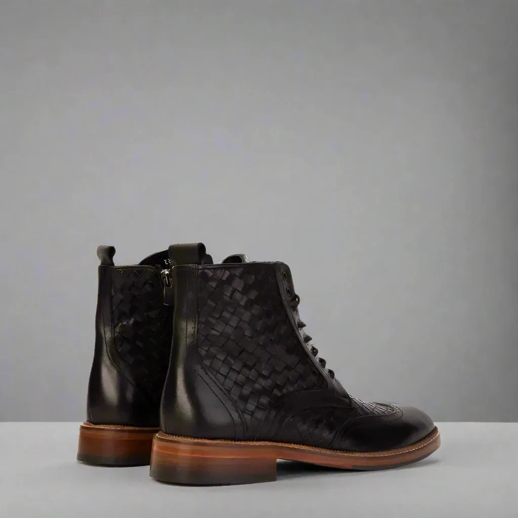 Black Leather Braided Barletta Lace Up Brogue Wingtip Oxford Boots - Boots