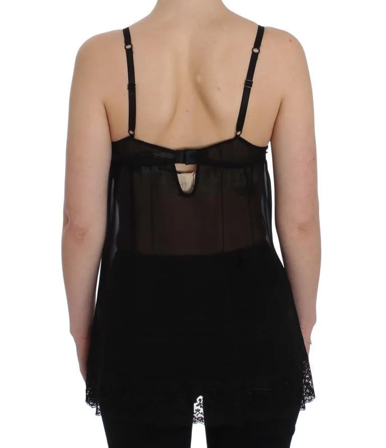 Black Silk Floral Lace Lingerie Top