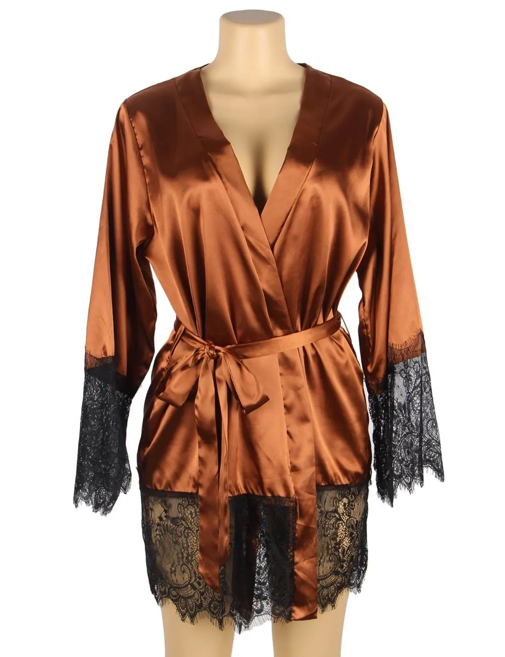 Black Silk Satin Lace Sexy Women Kimono Home Pajamas