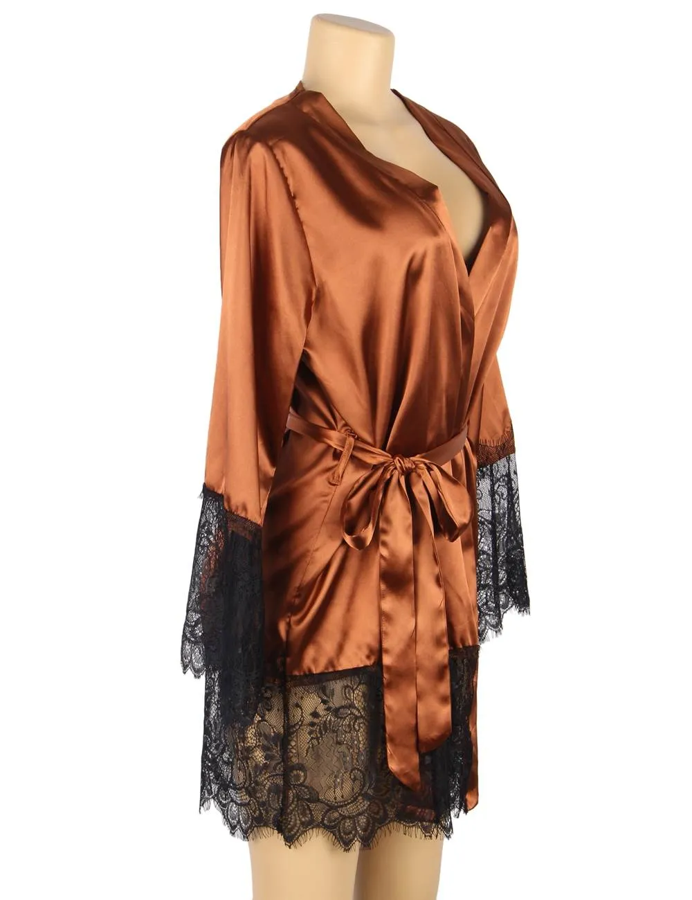 Black Silk Satin Lace Sexy Women Kimono Home Pajamas