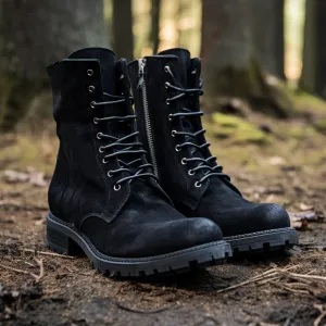 Black Suede Valeria Lace Up Zipper Derby Boots with Track Sole - Boots