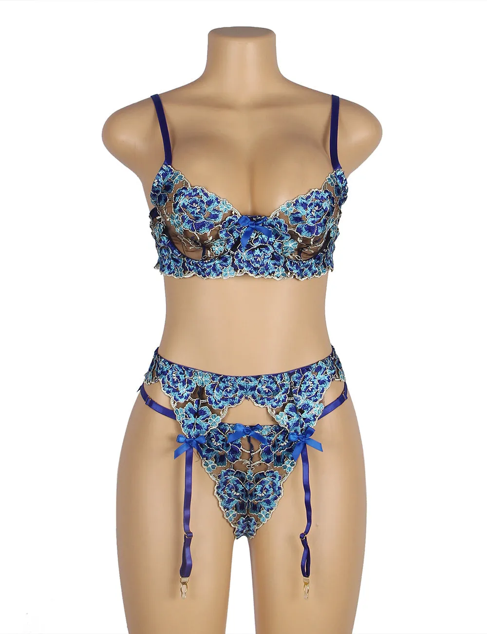 Blue Floral Lace Underwire Garter Bra Set Egypt