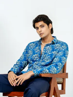 Blue Full Sleeve Flower With Leaf Sanganeri Printed Shirt