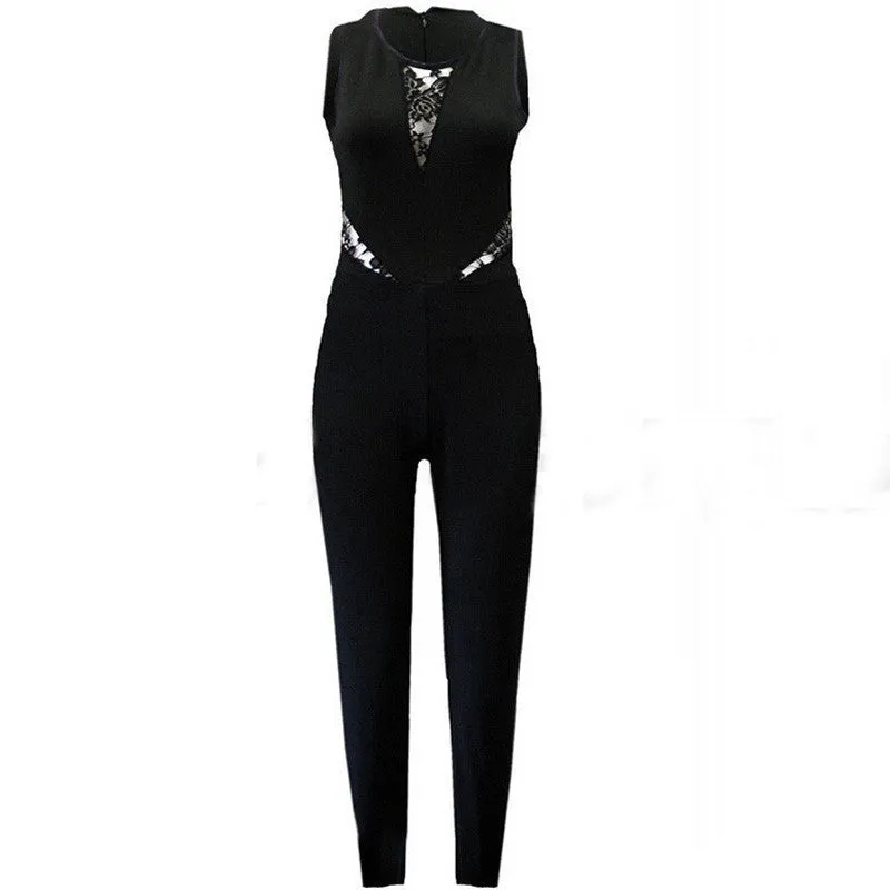 Bodycon Jumpsuits Womens Sleeveless Lace Patchwork Rompers Playsuits Black Pants Plus Size XS-4XL