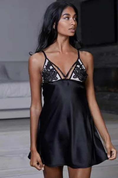 Brooke Applique Chemise with Sheer Cups - Black -