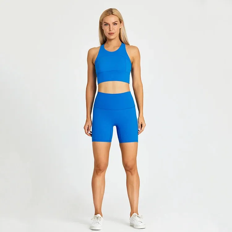 Brushed Nylon Workout Set for Women - 2 Piece Racerback Sports Bra Crop Tank Top and High Waist Short Leggings Set