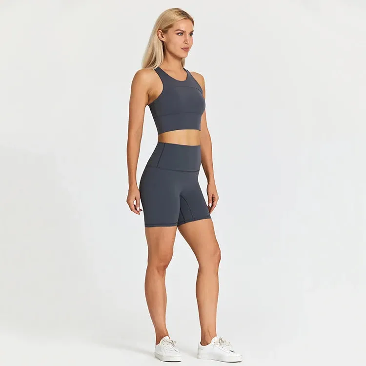 Brushed Nylon Workout Set for Women - 2 Piece Racerback Sports Bra Crop Tank Top and High Waist Short Leggings Set