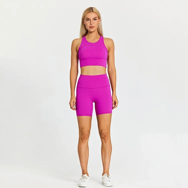 Brushed Nylon Workout Set for Women - 2 Piece Racerback Sports Bra Crop Tank Top and High Waist Short Leggings Set