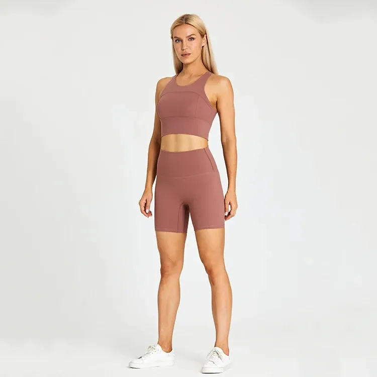 Brushed Nylon Workout Set for Women - 2 Piece Racerback Sports Bra Crop Tank Top and High Waist Short Leggings Set