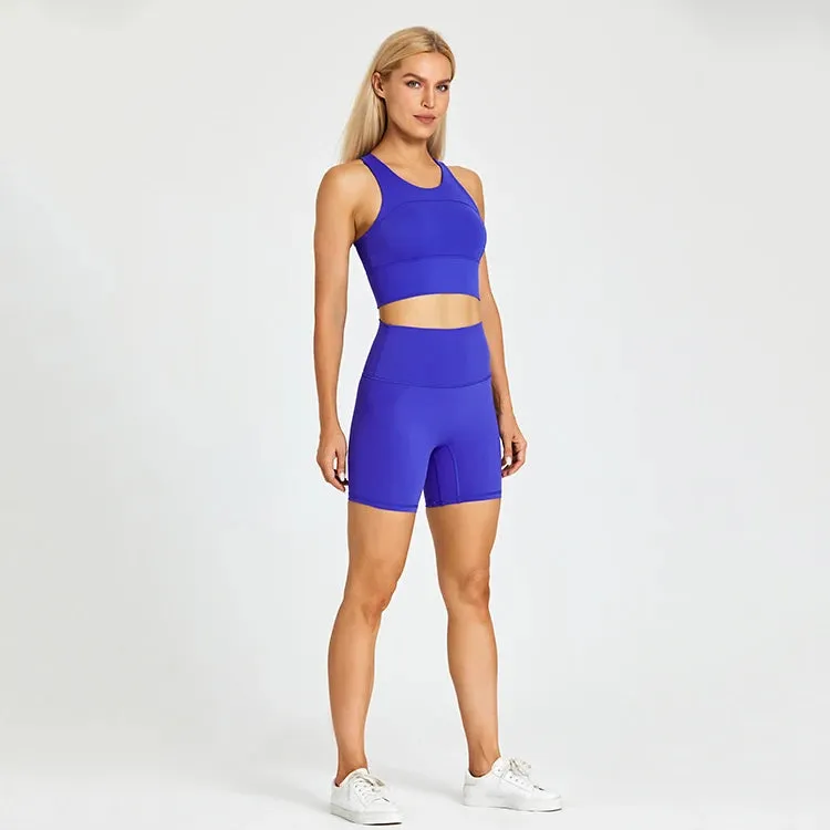 Brushed Nylon Workout Set for Women - 2 Piece Racerback Sports Bra Crop Tank Top and High Waist Short Leggings Set