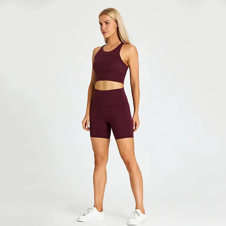Brushed Nylon Workout Set for Women - 2 Piece Racerback Sports Bra Crop Tank Top and High Waist Short Leggings Set
