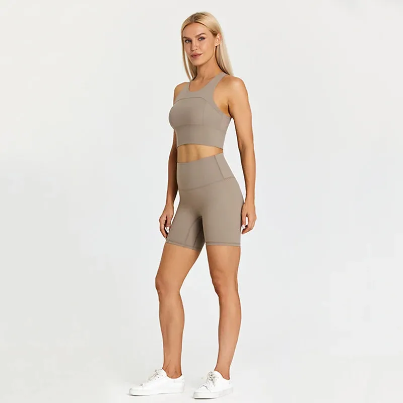 Brushed Nylon Workout Set for Women - 2 Piece Racerback Sports Bra Crop Tank Top and High Waist Short Leggings Set