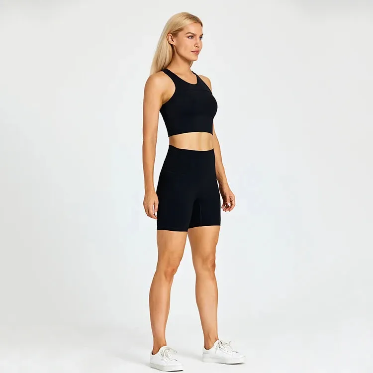 Brushed Nylon Workout Set for Women - 2 Piece Racerback Sports Bra Crop Tank Top and High Waist Short Leggings Set