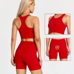 Brushed Nylon Workout Set for Women - 2 Piece Racerback Sports Bra Crop Tank Top and High Waist Short Leggings Set