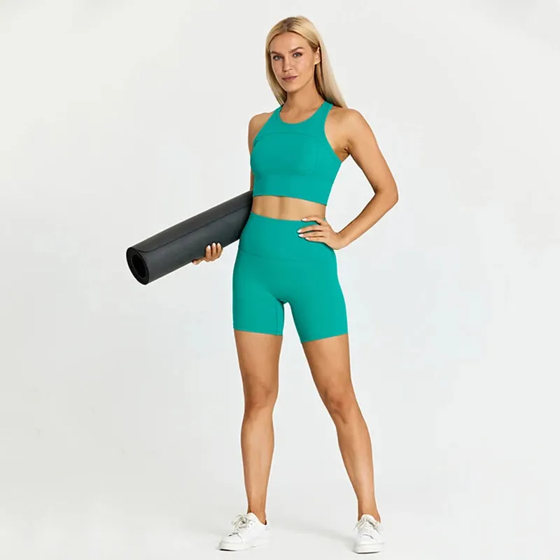 Brushed Nylon Workout Set for Women - 2 Piece Racerback Sports Bra Crop Tank Top and High Waist Short Leggings Set