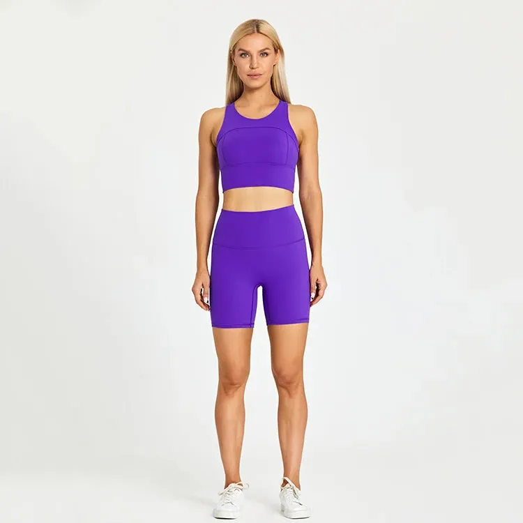 Brushed Nylon Workout Set for Women - 2 Piece Racerback Sports Bra Crop Tank Top and High Waist Short Leggings Set