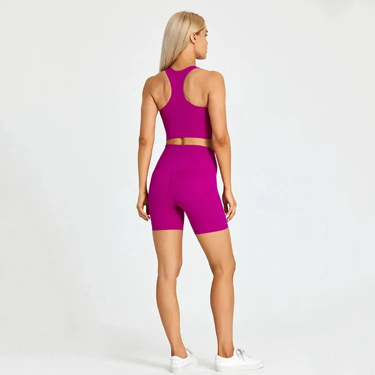 Brushed Nylon Workout Set for Women - 2 Piece Racerback Sports Bra Crop Tank Top and High Waist Short Leggings Set