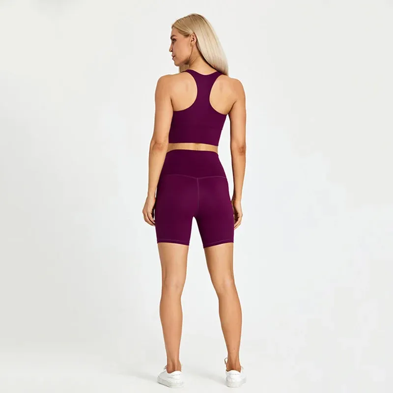 Brushed Nylon Workout Set for Women - 2 Piece Racerback Sports Bra Crop Tank Top and High Waist Short Leggings Set