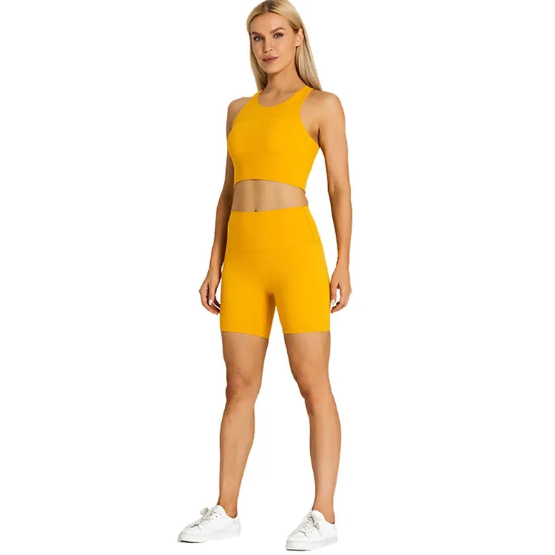 Brushed Nylon Workout Set for Women - 2 Piece Racerback Sports Bra Crop Tank Top and High Waist Short Leggings Set