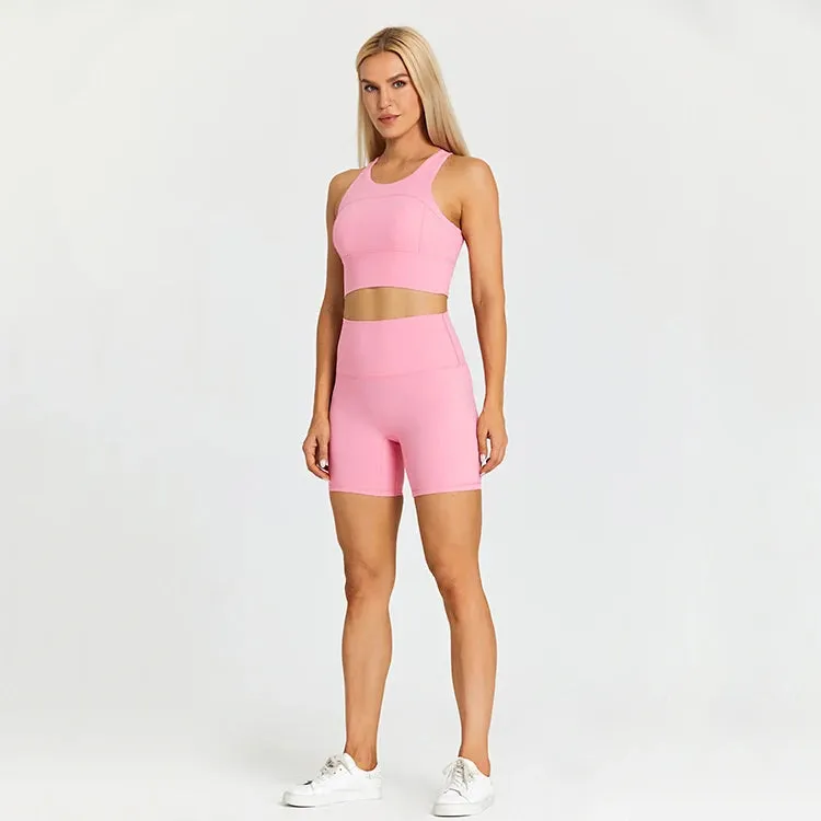 Brushed Nylon Workout Set for Women - 2 Piece Racerback Sports Bra Crop Tank Top and High Waist Short Leggings Set