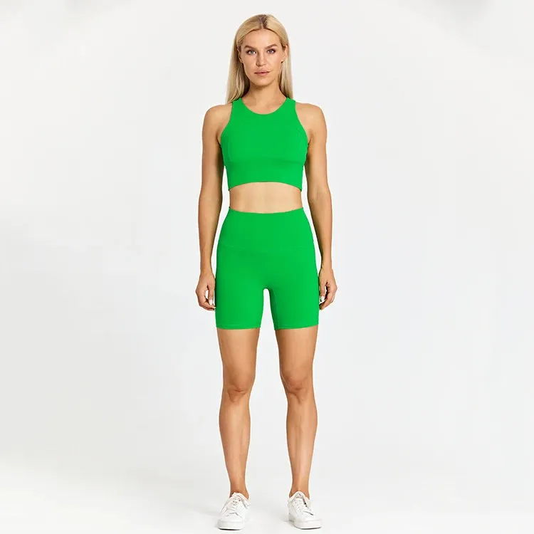 Brushed Nylon Workout Set for Women - 2 Piece Racerback Sports Bra Crop Tank Top and High Waist Short Leggings Set