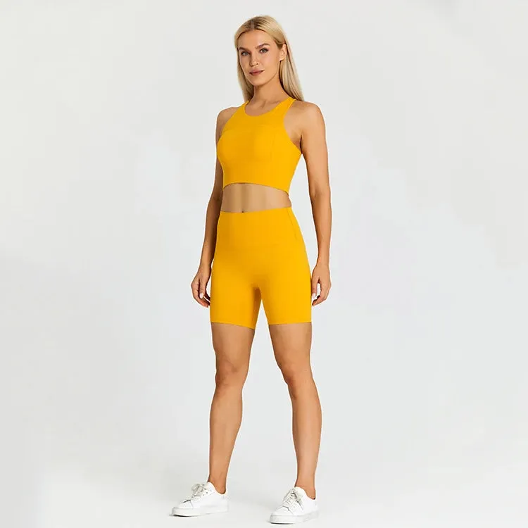 Brushed Nylon Workout Set for Women - 2 Piece Racerback Sports Bra Crop Tank Top and High Waist Short Leggings Set